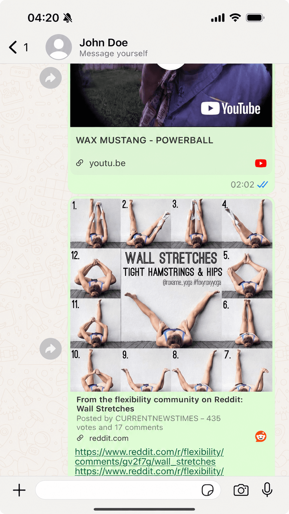 A WhatsApp chat with yourself, full of saved YouTube and Reddit links in one long scroll